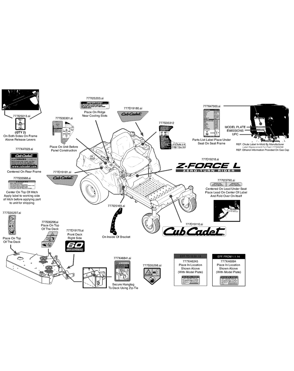 Label Map Diagram and Parts List for Z-FORCEL60 (17ASDALD010)(2014) Cub Cadet Lawn Tractor